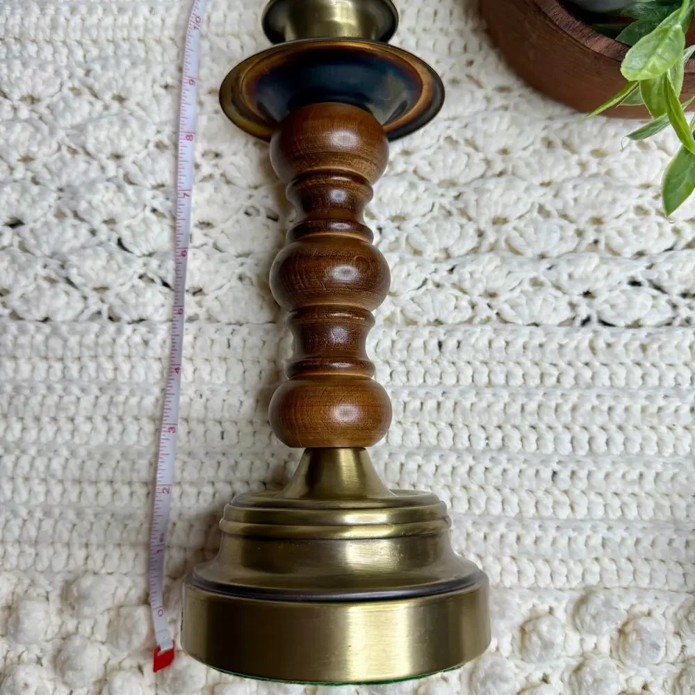 Vintage Mid Century Brass and Wood Candlestick Holders Set of Two Heavy